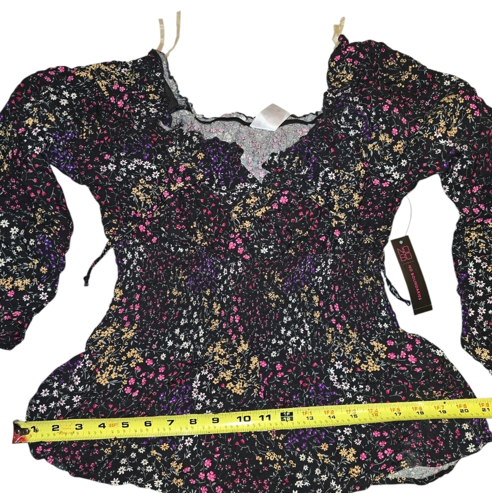 New M(7-9) No Boundaries Juniors Smocked Waist Peasant Top with lace detailing.